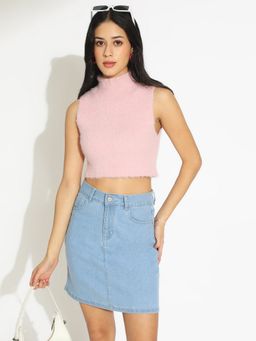 SHOWOFF - Women Light Pink Fitted Crop Sleeveless Top
