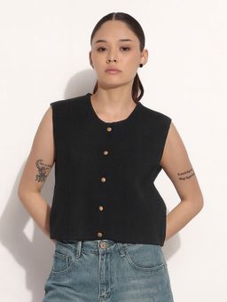SHOWOFF - Women Ribbed Black Round Neck Sleeveless Knitted Top