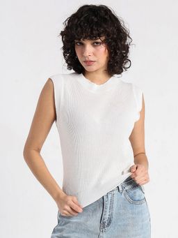 SHOWOFF - Women Ribbed White Sleeveless Knit Top