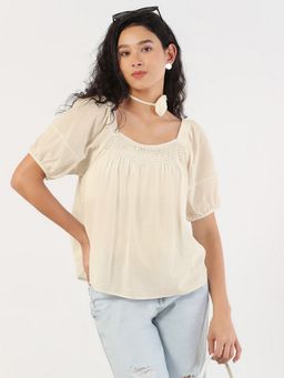 SHOWOFF - Women Cream Puff Sleeve Relaxed Fit Top with Flower Bow