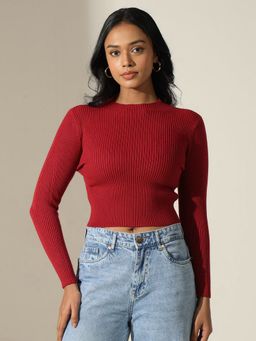 SHOWOFF - Women Ribbed Red Mock Neck Long Sleeve Top