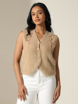 SHOWOFF - Women Furry Beige Sleeveless Relaxed Fit Vest Top