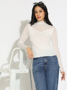SHOWOFF - Women White Semi Sheer High Neck Top