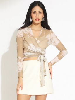 SHOWOFF - Women Floral Print Beige Sheer Wrap Crop Top