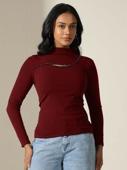 SHOWOFF - Women Embellished-Cut-out Maroon High-Neck Top