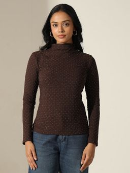 SHOWOFF - Women Textured Brown High-Neck Top
