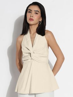 SHOWOFF - Women Draped Cream Halter Neck Sleeveless Peplum Top with Smocked Back