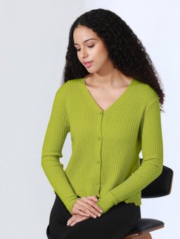 SHOWOFF - Women Green Ribbed Acrylic Top