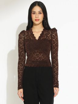 SHOWOFFFF - Women Floral Brown Sheer Fitted Top