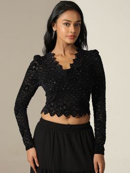 SHOWOFF - Women Lace Black Sequin Embellished Long Sleeve Crop Top with Scalloped Hem