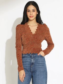 SHOWOFF - Women Floral Brown Semi Sheer Fitted Embellished Crop Top