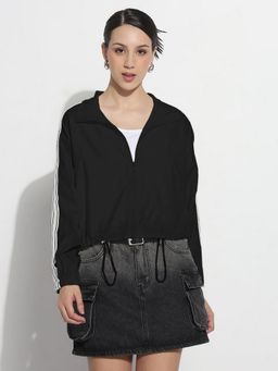 SHOWOFF - Women Black Mock Collar Relaxed Fit Zipper Jacket