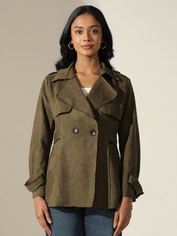 SHOWOFF - Women Olive Long Sleeve Button-Front Trench Coat With Wrist Belt