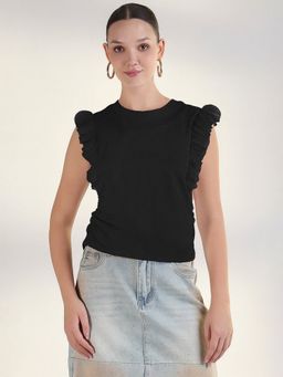 SHOWOFF - Women Black Sleeveless Top with Ruffle Hem