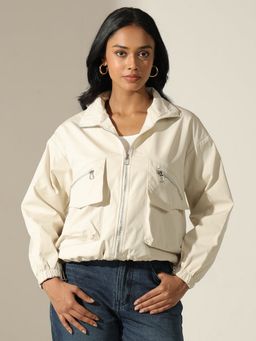 SHOWOFF - Women Cream Zip Up Front Bomber Jacket With Utility Pockets