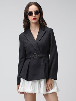 SHOWOFF - Women Striped Charcoal Long Sleeves Blazer with Belt