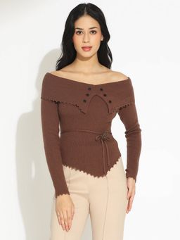 SHOWOFFFF - Women Brown Fitted Top with Waist Tie-Up