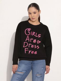 SHOWOFF - Women Embroidered Black Round Neck Drop shoulder Sweatshirt