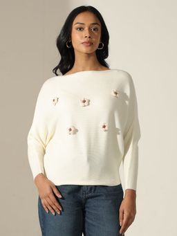 SHOWOFF - Women Off White Textured Knit Top with Flower Applique Detail