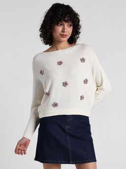 SHOWOFF - Women Off White Textured Knit Top with Flower Applique Detail