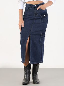 SHOWOFF - Women Navy Blue Denim Cargo Skirt with Front Slit