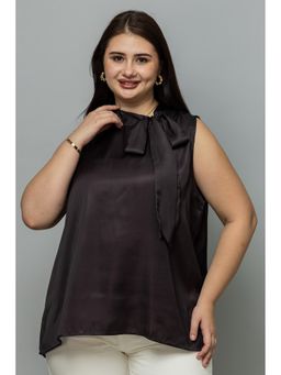 PURYS PLUS - Women Sleeveless Tie Neck Brown Satin Top