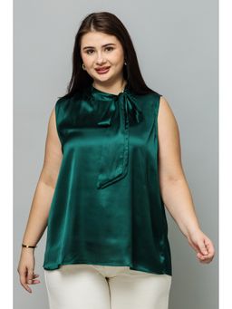 PURYS PLUS - Women Sleeveless Tie Neck Green Satin Top