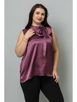 PURYS PLUS - Women Sleeveless Tie Neck Wine Satin Top