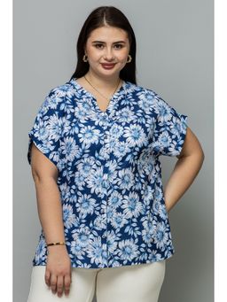 PURYS PLUS - Women Blue Front Open Band Collar Top