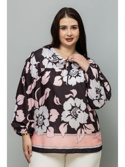 PURYS PLUS - Women Brown Tie-Up Neck Puff Sleeves Top