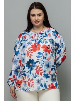 PURYS PLUS - Women Blue Tie-Up Neck Puff Sleeves Top