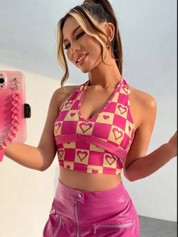 Tandul - Women Lycra Pink Printed Halter Neck Crop Top