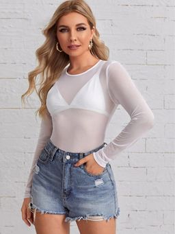 Tandul - Women Lycra White Solid Round Neck Top