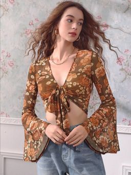 Tandul - Women Polyester Brown Floral V-Neck Crop Top