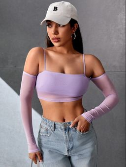 Tandul - Women Polyester Purple Solid Shoulder Straps Crop Top