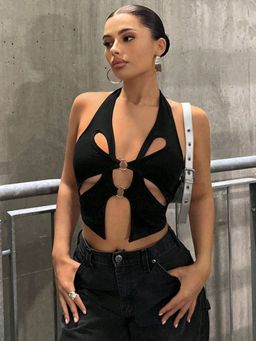 Tandul - Women Lycra Black Solid Halter Neck Crop Top