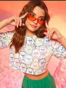 Tandul - Women Lycra White Printed Crew Neck Crop Top