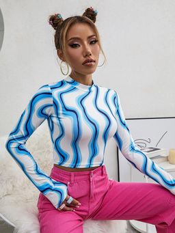 Tandul - Women Lycra Blue Printed High Neck Crop Top