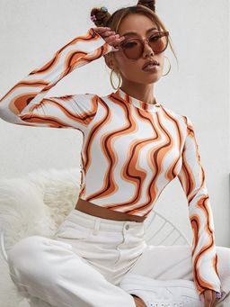 Tandul - Women Lycra Brown Printed High Neck Crop Top