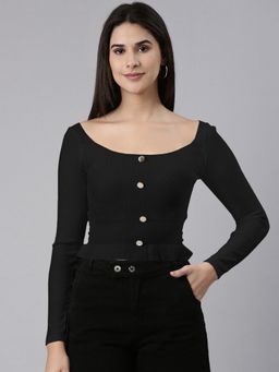 SHOWOFF - Women Ribbed Black Long Sleeve Button Front Top with Ruffled Hemline