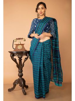 Unnati Silks - Blue Pure Krisha Block Printed Cotton Saree with Unstitched Blouse