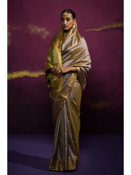 Dressfolk - Gray Silk Satin Saree with Wide Metallic Border without Blouse