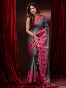 CHARUKRITI - Grey Cotton Blend Handwoven Woven Zari and Floral Motifs Saree with Unstitched Blouse