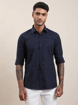 Turtle - Mens 100% Cotton Slim Fit Blue Printed Casual Shirt