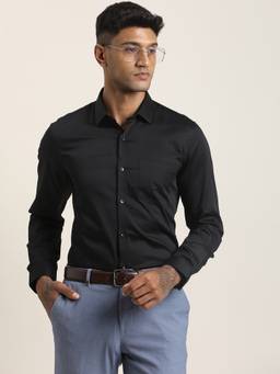 Turtle - Mens 100% Cotton Slim Fit Black Solid/Plain Formal Shirt