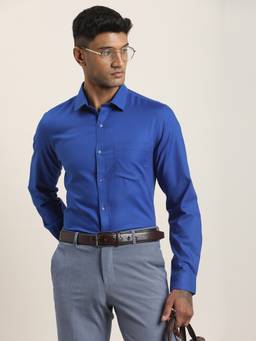Turtle - Mens 100% Cotton Slim Fit Blue Solid/Plain Formal Shirt