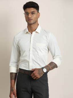 Turtle - Mens 100% Cotton Slim Fit Cream Solid/Plain Formal Shirt