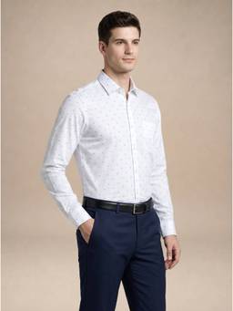 Turtle - Mens 100% Cotton Slim Fit White Geometric Formal Shirt