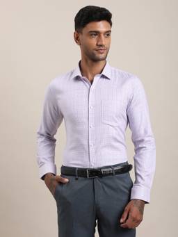 Turtle - Mens 100% Cotton Slim Fit Lavender Checks Formal Shirt