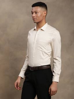Turtle - Mens 100% Cotton Regular Fit Beige Printed Formal Shirt